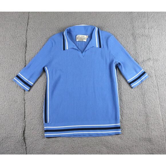 Tory Burch Sport Polo XL Blue Ribbed Striped Pipping V Neck 3/4 Sleeve Pique - Picture 1 of 7